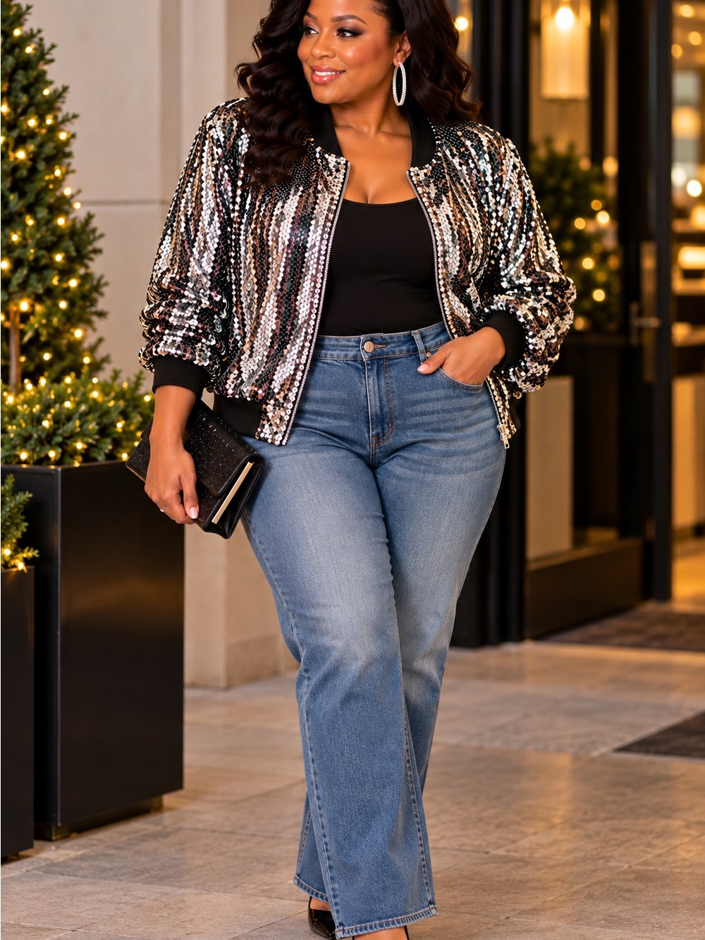 Silver Sequin Bomber Jacket 2XL Black Metallic Zip Front Holiday Party Plus Size